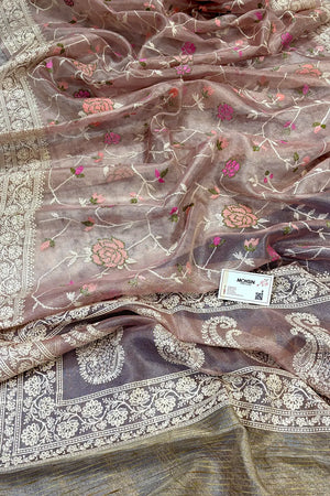 Peach Embroidery Tissue Silk Banarasi Saree