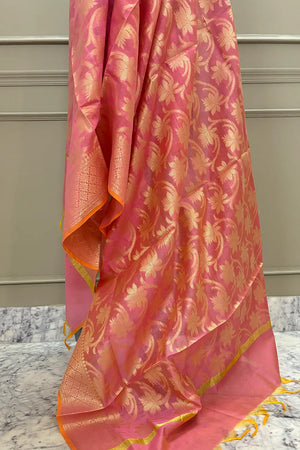 Peach Golden Zari Banarasi Silk Dupatta