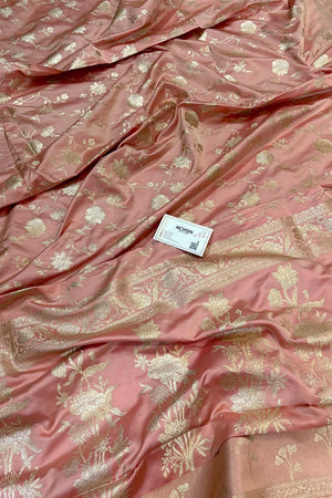 Peach Kesari Jaal Katan Silk Banarasi Saree