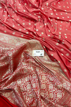 Peach and Red Ghonga Buti Katan Silk Banarasi Saree