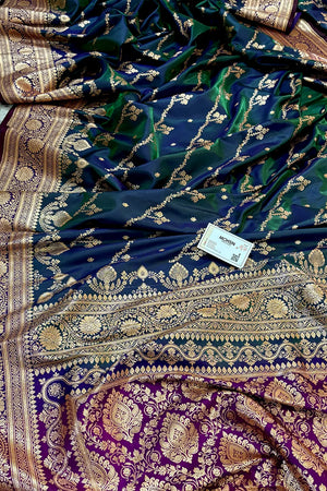 Peacock Blue and Purple Golden Zari Katan Silk Banarasi Saree