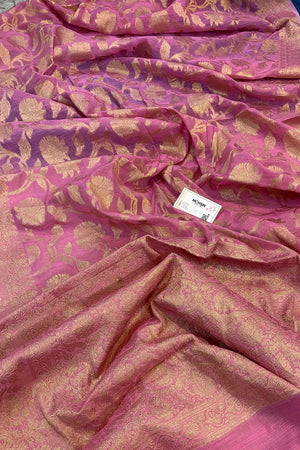 Pink Golden Zari Chanderi Silk Banarasi Saree
