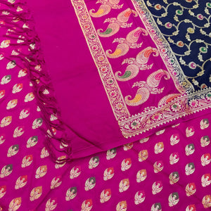 Pink and Navy Blue Golden Zari Katan Silk Banarasi Suit