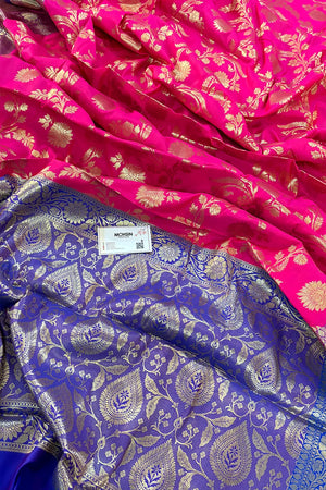 Pink and Royal Blue Morpankhi Jaal Satin Silk Banarasi Saree