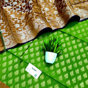 Pista and Mustard Podha Satin Silk Banarasi Suit