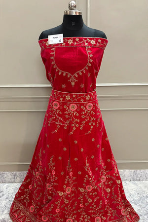 Red and Firozi Zariwork Semi Stitched Velvet Lahenga