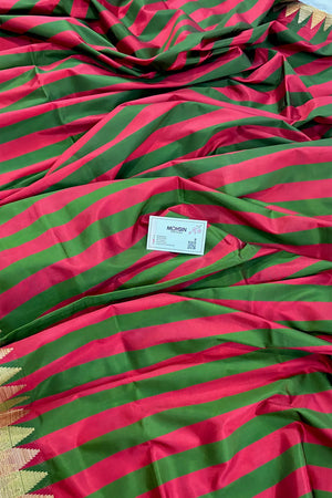 Red and Green Stripe Plain Satin Silk Banarasi Saree