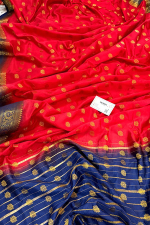 Red and Navy Blue Golden Zari Silky Banarasi Saree