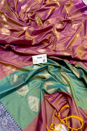 Rust and Green Golden Zari Banarasi Silk Saree
