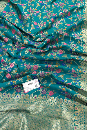 Teal Golden Zari Katan Silk Banarasi Dupatta