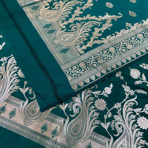 Teal Golden Zari Katan Silk Banarasi Suit