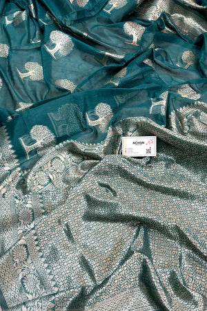 Teal Resham Zari Cotton Silk Banarasi Saree