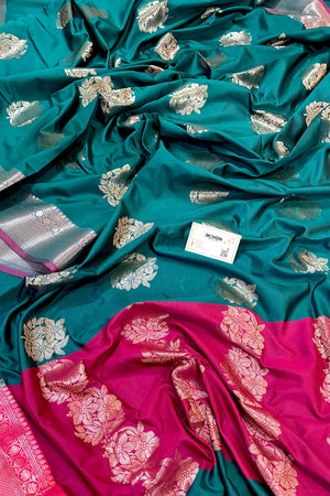 Teal and Pink Golden Zari Banarasi Silk Saree