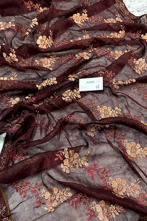 Wine Embordiery Siroski Work Georgette Silk Saree