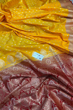 Yellow and Maroon Makkhi Buti Katan Silk Banarasi Saree