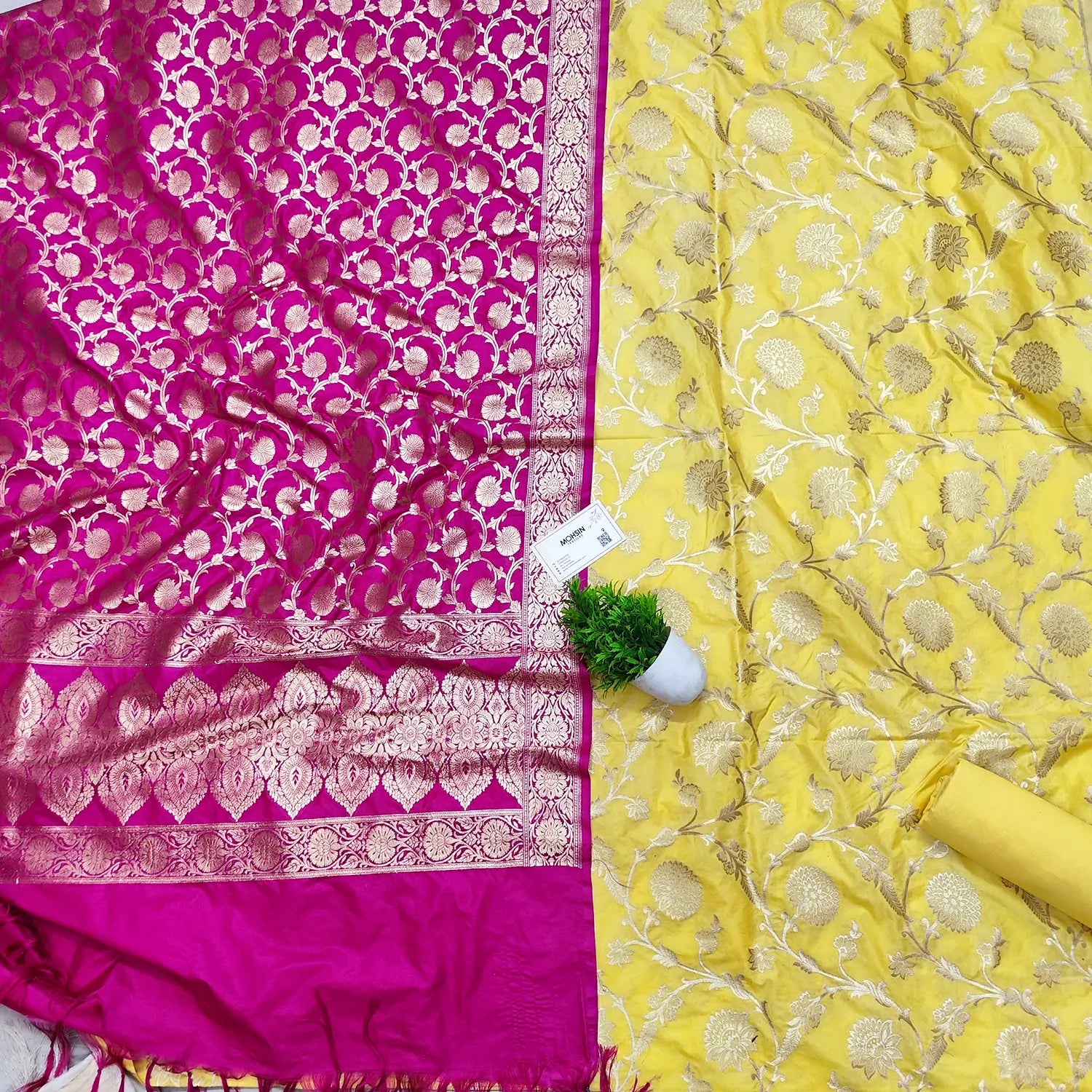 Yellow and Pink Golden Zari Katan Silk Banarasi Suit