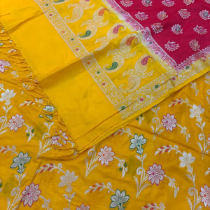 Yellow and Red Golden Zari Katan Silk Banarasi Saree