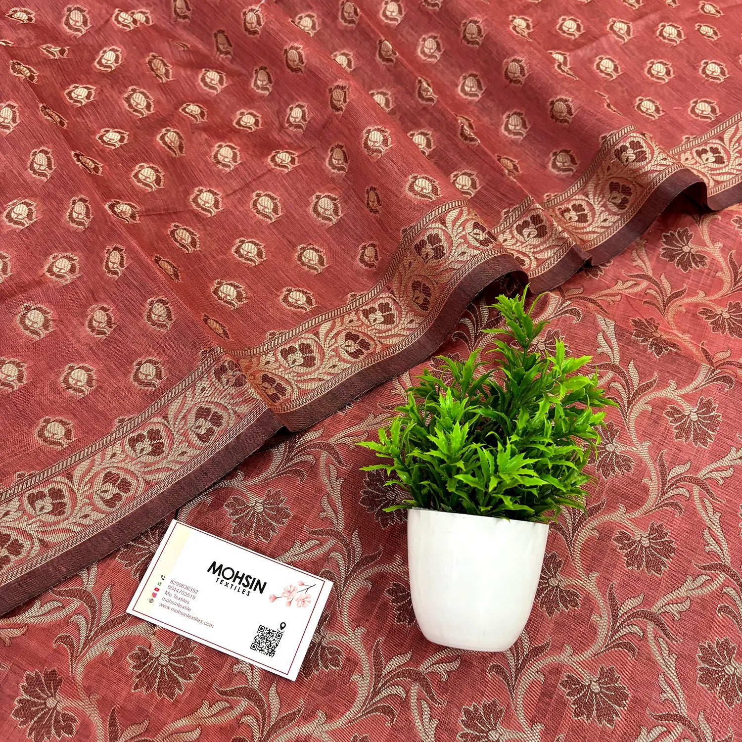 Dark Peach Surahi Jaal Cotton Silk Banarasi Suit