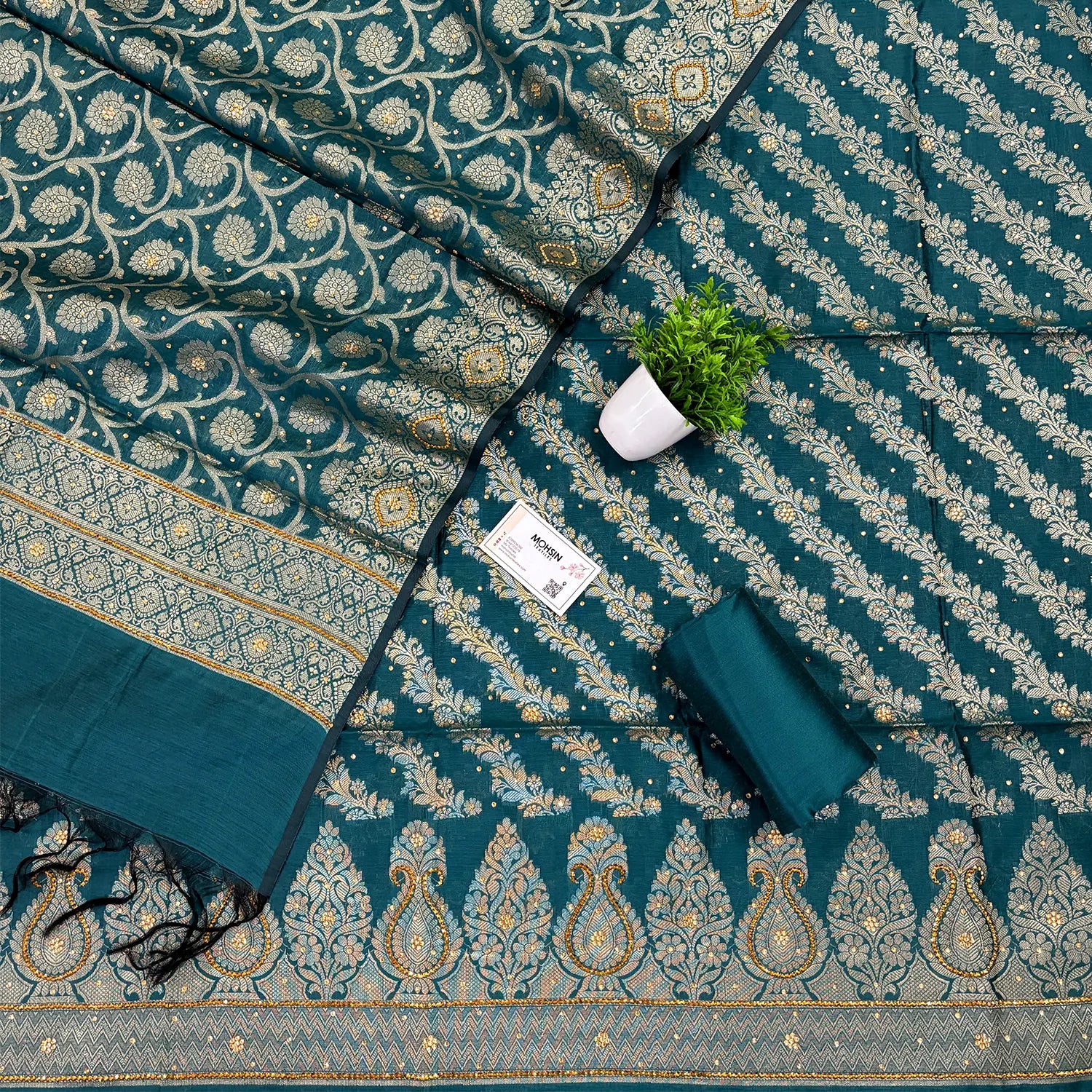 Teal Kalgha Laheriya Stone Work Banarasi Silk Suit