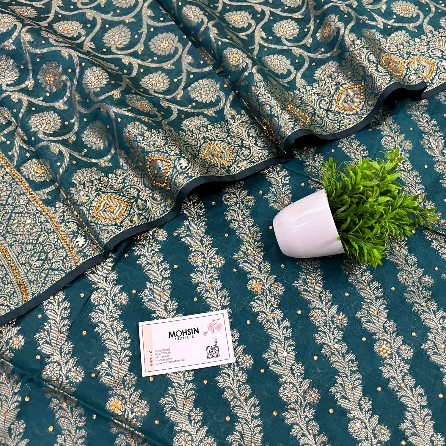 Teal Kalgha Laheriya Stone Work Banarasi Silk Suit