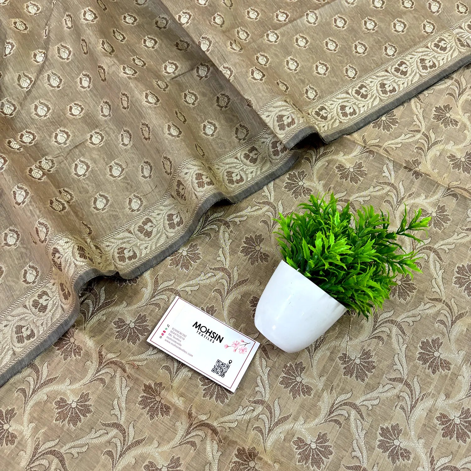 Dark Beige Surahi Jaal Cotton Silk Banarasi Suit