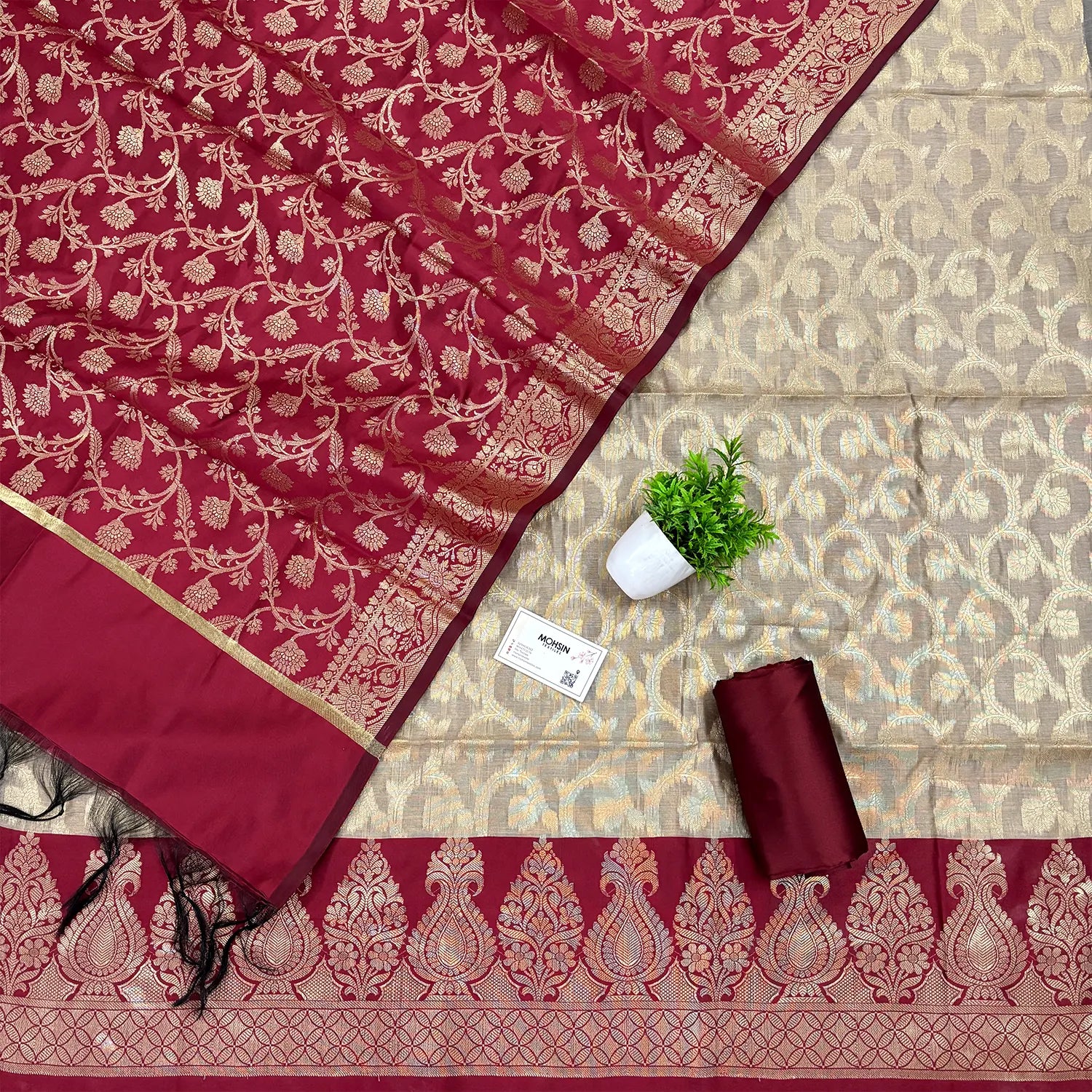 Beige and Maroon Kalgha Jaal Banarasi Silk Suit