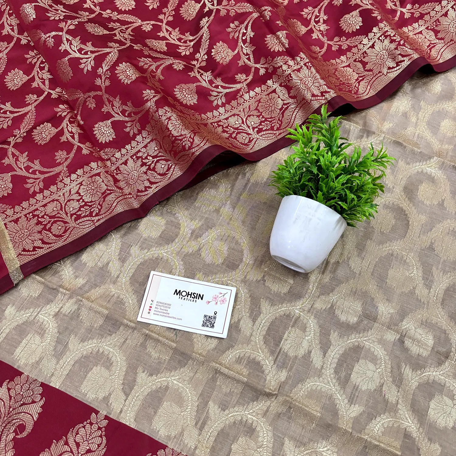 Beige and Maroon Kalgha Jaal Banarasi Silk Suit