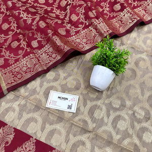Beige and Maroon Kalgha Jaal Banarasi Silk Suit