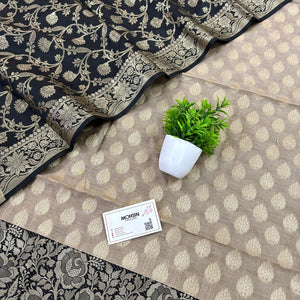 Beige and Black Gulkan Buti Satin Silk Banarasi Suit