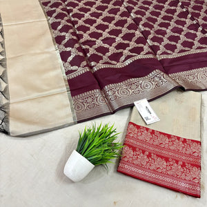Beige and Red Phooldaan Buti Satin Silk Banarasi Suit