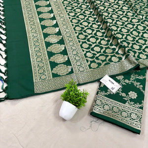 Bottle Green Kashmiri Jaal Katan Silk Banarasi Suit