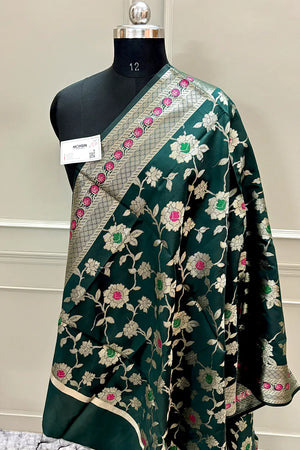 Bottle Green Meenakari Satin Silk Banarasi Dupatta