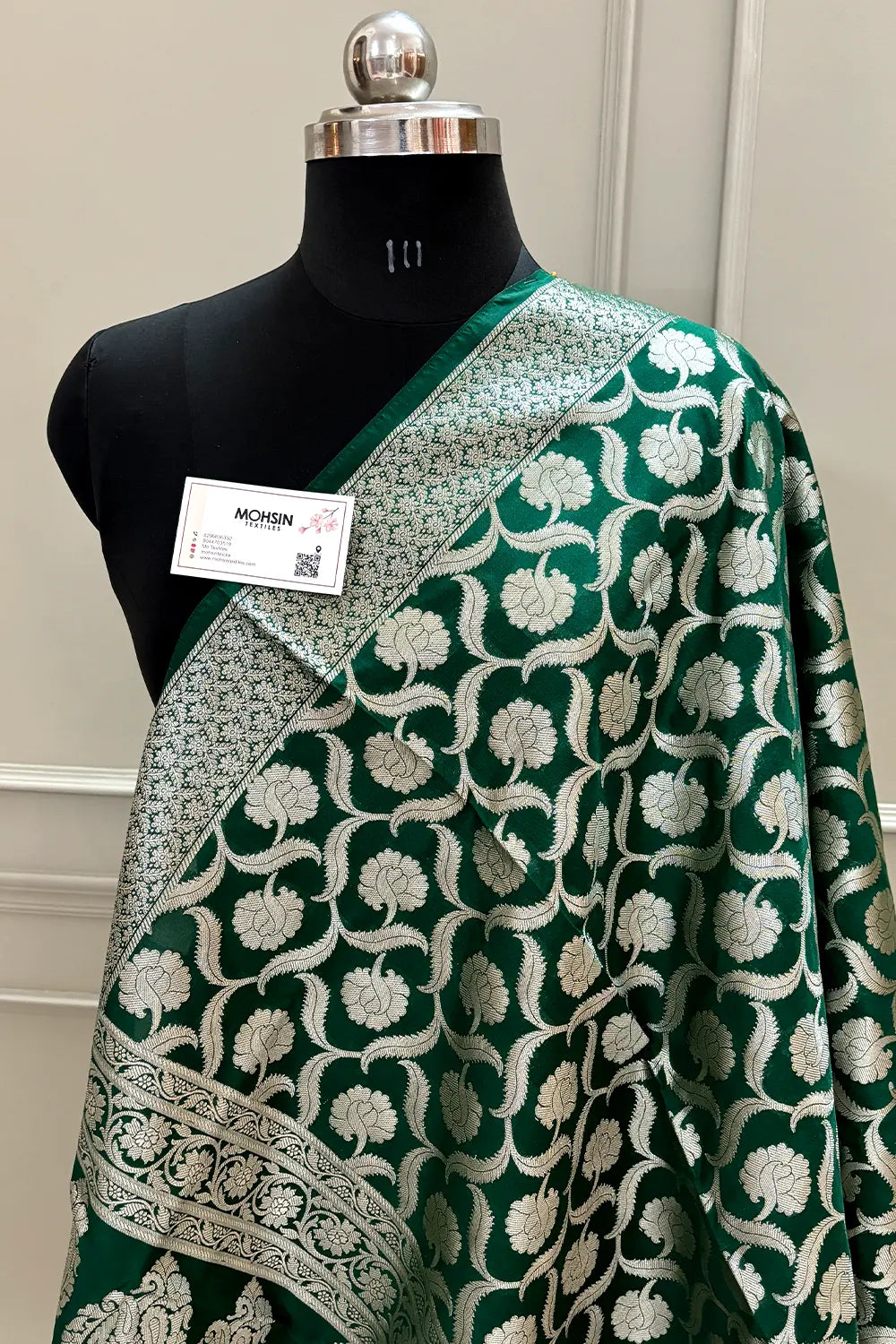 Bottle Green Patti Jaal Katan Silk Banarasi Dupatta
