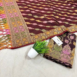 Brown Sindhuri Phool Resham Silk Banarasi Suit