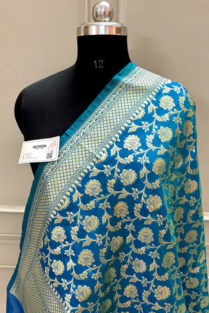 Firozi Golden Zari Katan Silk Banarasi Dupatta