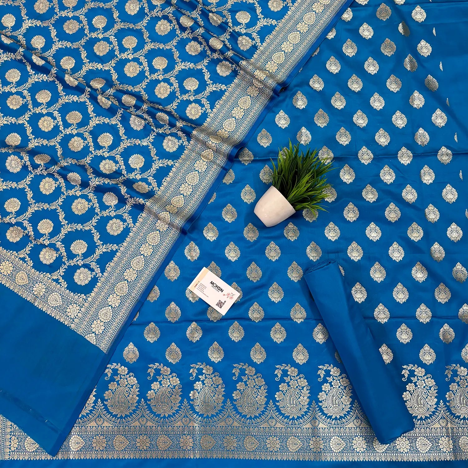 Firozi Golden Zari Katan Silk Banarasi Suit