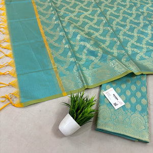 Firozi Golden Zari Resham Silk Banarasi Suit