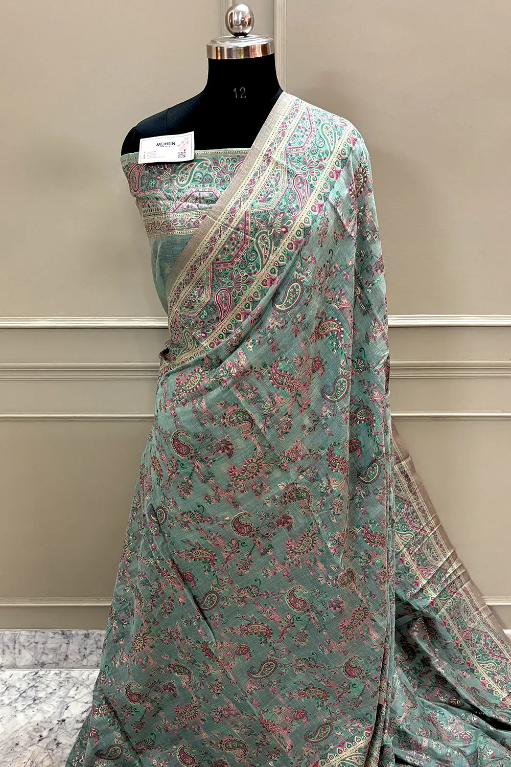 Firozi Printed Linen Silk Banarasi Saree