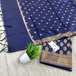 Navy Blue Tri Phool Satin Silk Banarasi Suit