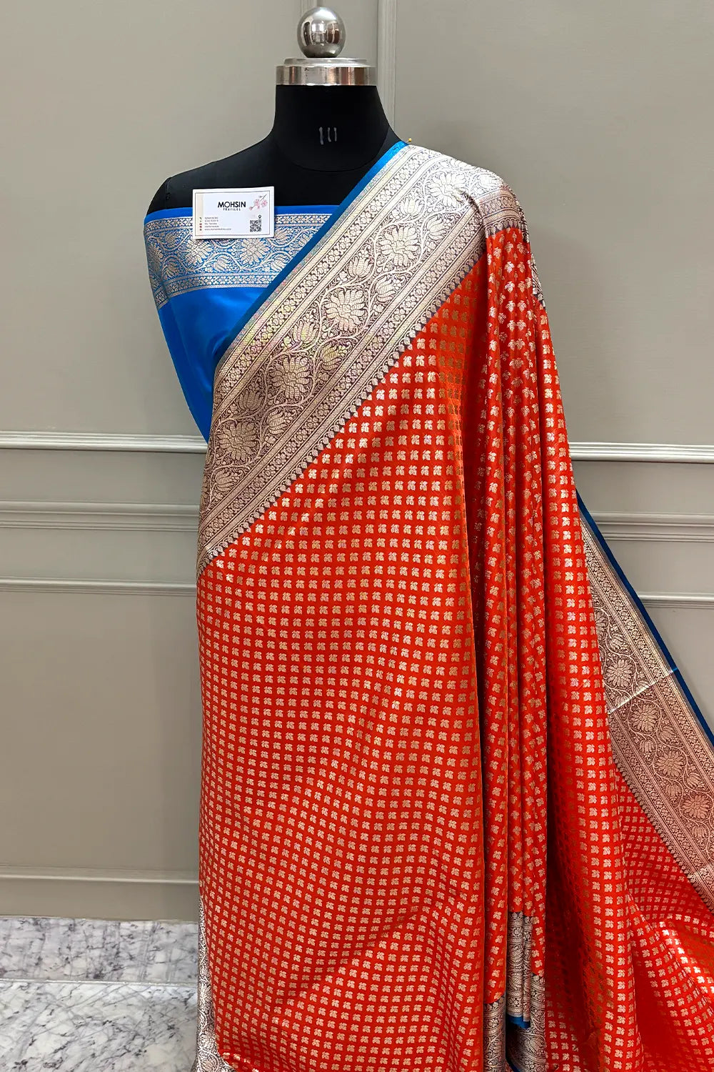 Orange and Blue Chidi Buti Katan Silk Banarasi Saree