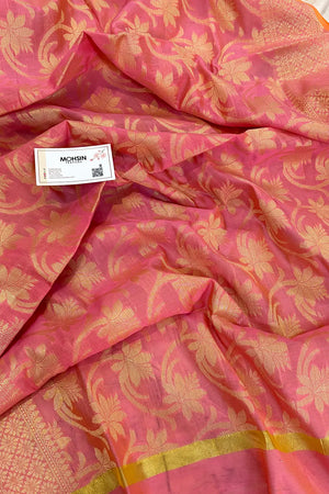 Peach Golden Zari Banarasi Silk Dupatta