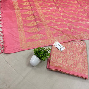 Baby Pink Golden Zari Katan Silk Banarasi Suit
