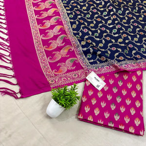Pink and Navy Blue Golden Zari Katan Silk Banarasi Suit
