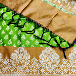 Pista and Mustard Podha Satin Silk Banarasi Suit