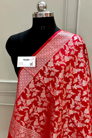 Red Golden Zari Katan Silk Banarasi Dupatta