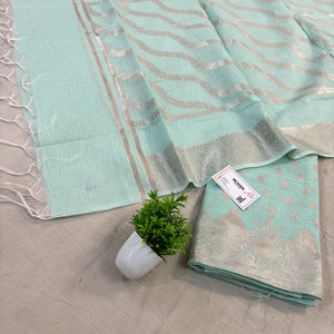Sea Green Golden Zari Linen Silk Banarasi Suit