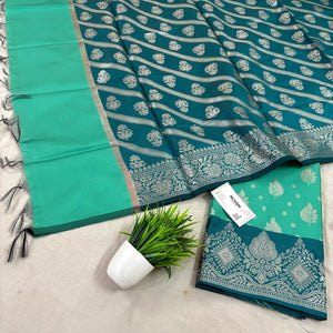 Sea Green and Teal Pankh Buti Satin Silk Banarasi Suit