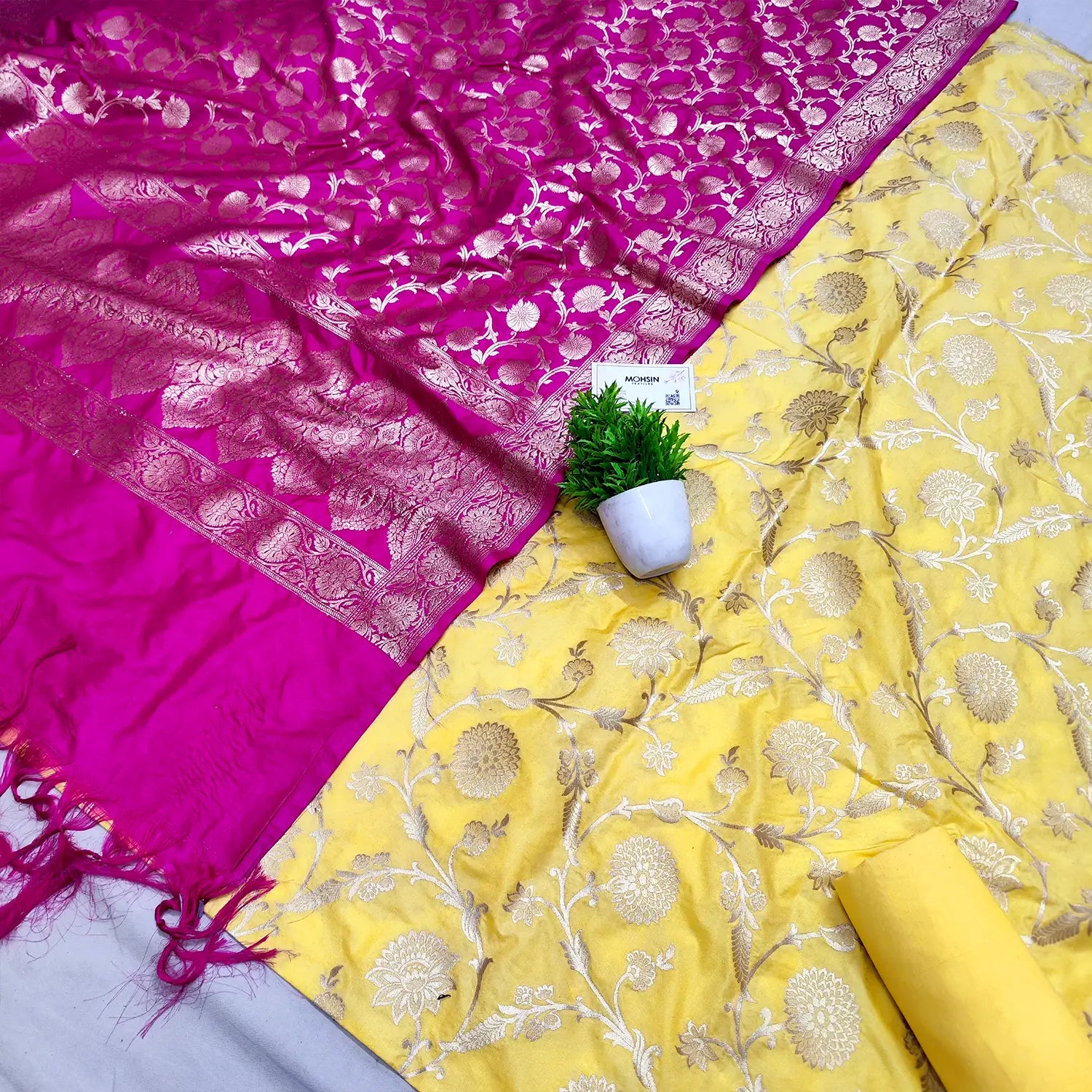 Yellow and Pink Golden Zari Katan Silk Banarasi Suit