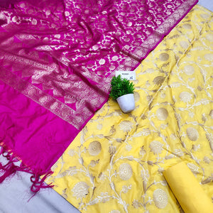 Yellow and Pink Golden Zari Katan Silk Banarasi Suit