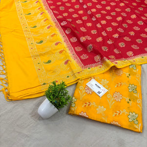 Yellow and Red Golden Zari Katan Silk Banarasi Saree